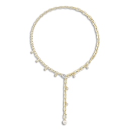 Shy Creation Diamond & Cultured Pearl Y-Drop Necklace 1/4 ct tw 14K Yellow Gold 20"