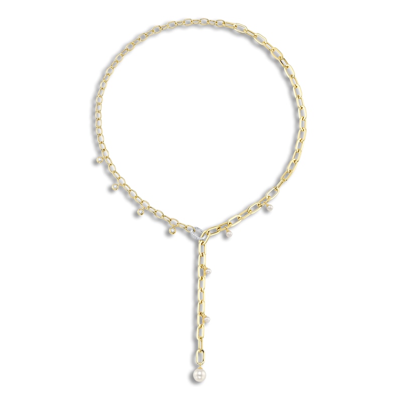 Main Image 1 of Shy Creation Diamond & Cultured Pearl Y-Drop Necklace 1/4 ct tw 14K Yellow Gold 20"