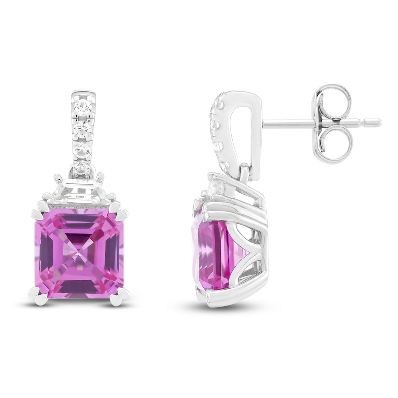 Main Image 1 of Square Emerald-Cut Pink & White Lab-Created Sapphire Drop Earrings Sterling Silver