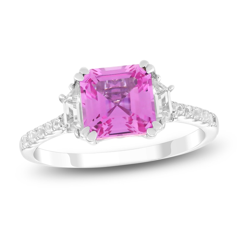 Main Image 1 of Square Emerald-Cut Pink & White Lab-Created Sapphire Ring Sterling Silver