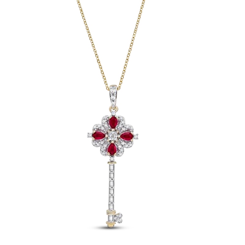 Main Image 1 of Pear-Shaped Natural Ruby & Multi-Shape Diamond Skeleton Key Necklace 1/4 ct tw 14K Yellow Gold 18"