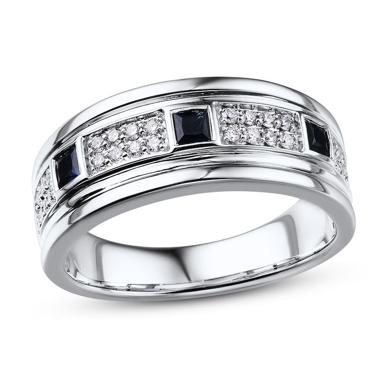 Men's Diamond Ring 1/3 ct tw Blue Sapphire 10K White Gold