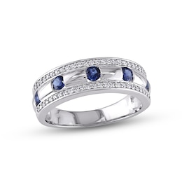 Men's Natural Sapphire Wedding Band 1/4 ct tw Diamonds 10K White Gold