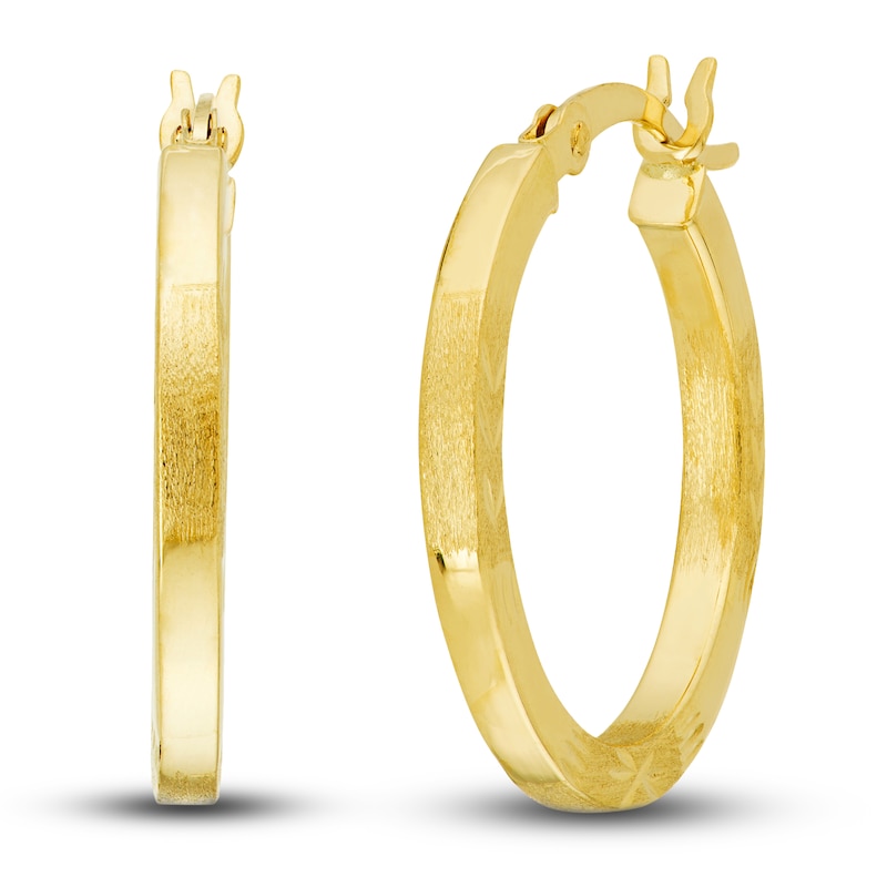 Diamond-Cut Square Tube Floral Hoop Earrings 14K Yellow Gold 20mm