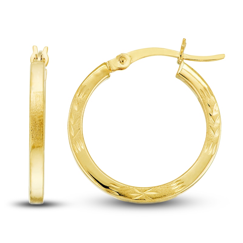 Diamond-Cut Square Tube Floral Hoop Earrings 14K Yellow Gold 20mm