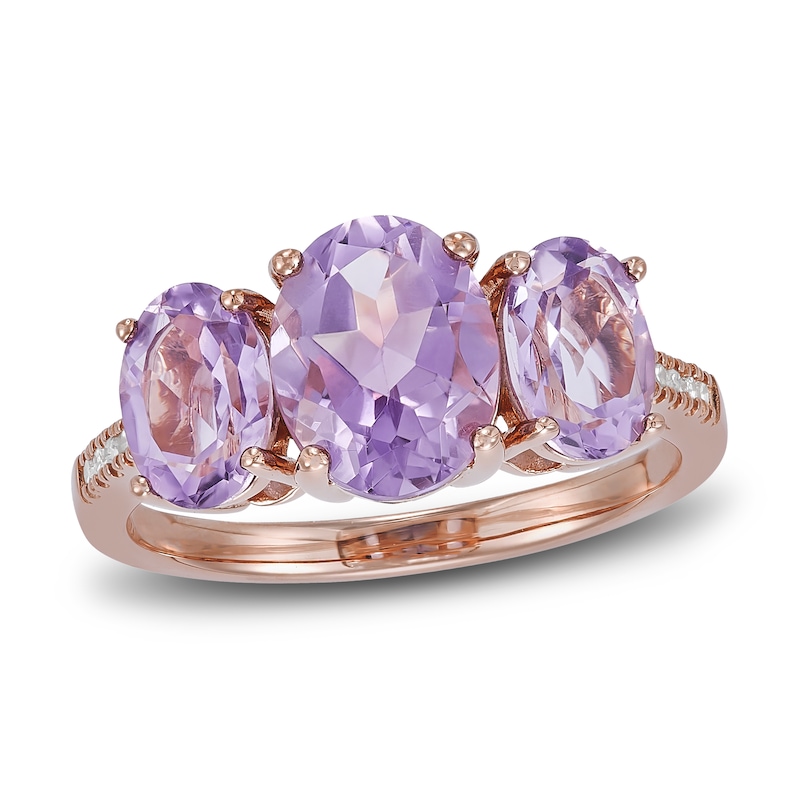 Main Image 1 of Natural Pink Quartz 3-Stone Ring 1/20ct tw Diamonds 10K Rose Gold
