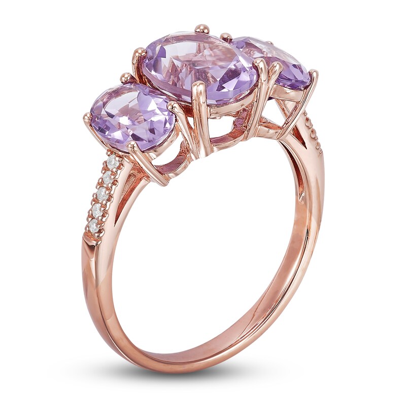 Main Image 2 of Natural Pink Quartz 3-Stone Ring 1/20ct tw Diamonds 10K Rose Gold