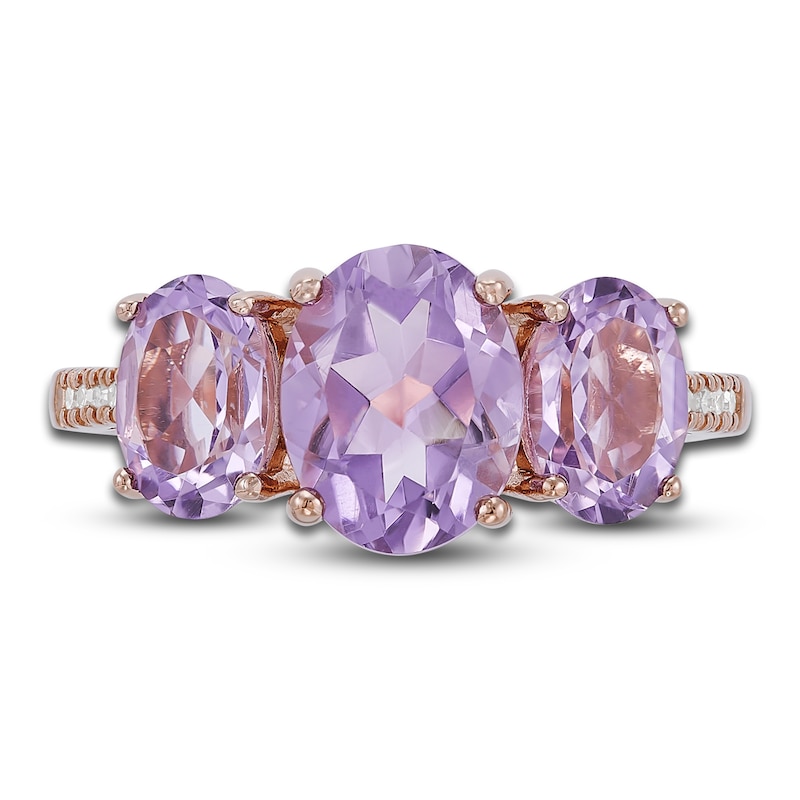 Main Image 3 of Natural Pink Quartz 3-Stone Ring 1/20ct tw Diamonds 10K Rose Gold