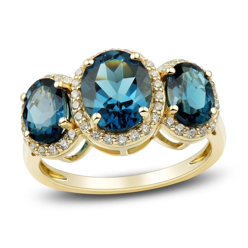 Main Image 1 of Natural Blue Topaz Three-Stone Ring 1/4 ct tw Diamonds 10K Yellow Gold