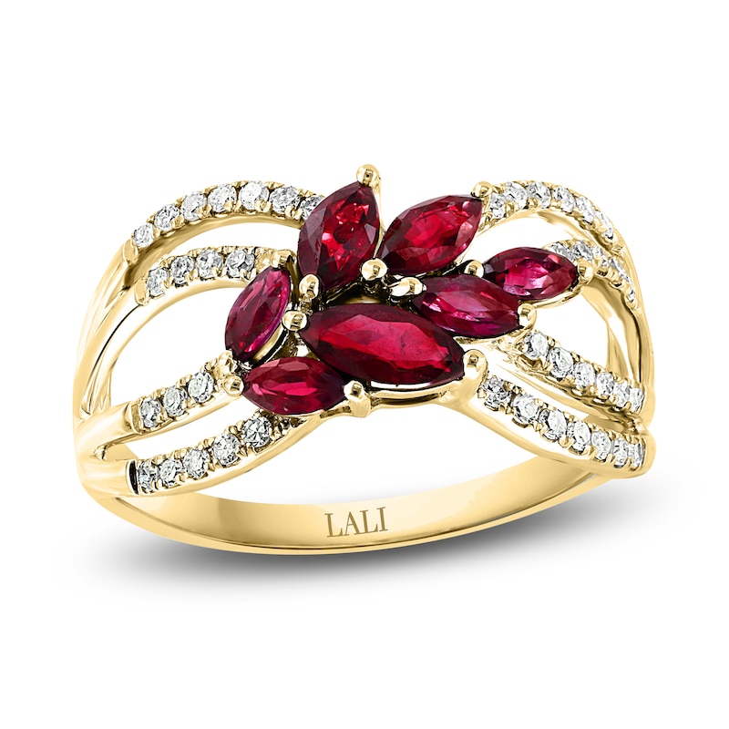 LALI Jewels Natural Ruby Flower Ring 1/5 ct t Diamonds 14K Yellow Gold