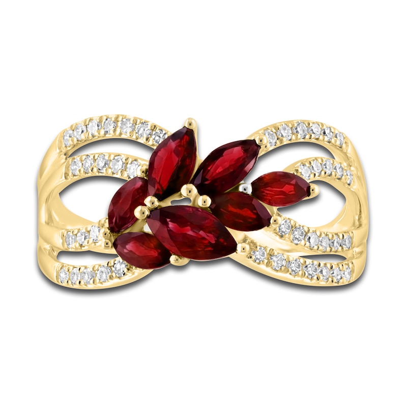 LALI Jewels Natural Ruby Flower Ring 1/5 ct t Diamonds 14K Yellow Gold