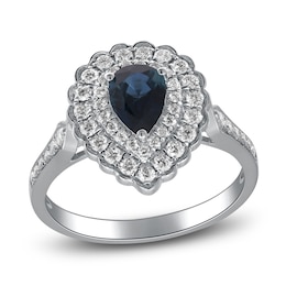 Pear-Shaped Natural Blue Sapphire & Diamond Halo Engagement Ring 1/2 ct tw 14K White Gold