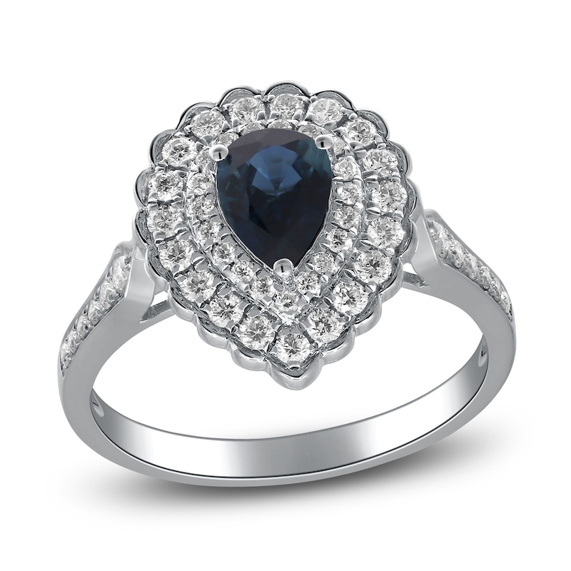 Main Image 1 of Pear-Shaped Natural Blue Sapphire & Diamond Halo Engagement Ring 1/2 ct tw 14K White Gold