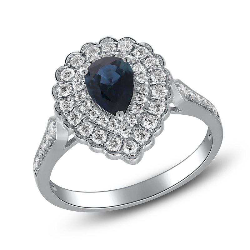 Main Image 2 of Pear-Shaped Natural Blue Sapphire & Diamond Halo Engagement Ring 1/2 ct tw 14K White Gold