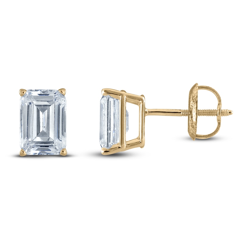 Main Image 1 of Emerald-Cut Lab-Grown Diamond Solitaire Stud Earrings 2 ct tw 14K Yellow Gold (F/SI2)
