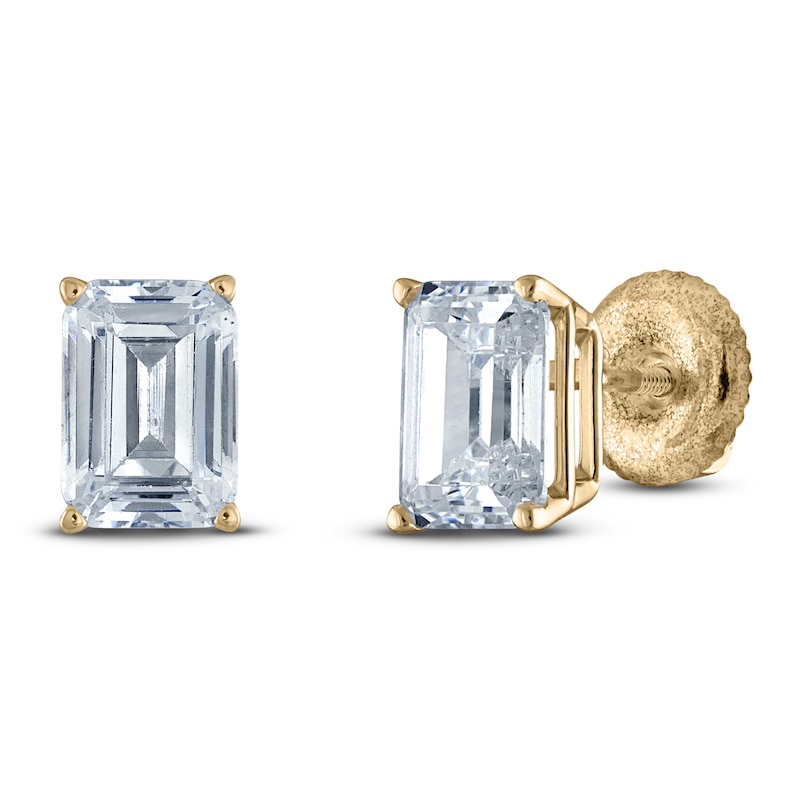Main Image 2 of Emerald-Cut Lab-Grown Diamond Solitaire Stud Earrings 2 ct tw 14K Yellow Gold (F/SI2)
