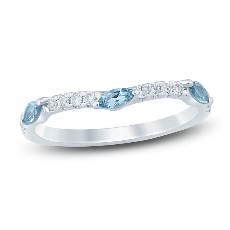 Main Image 1 of Natural Aquamarine Marquise-Cut & Round Diamond Contour Anniversary Ring 1/6 ct tw 14K White Gold