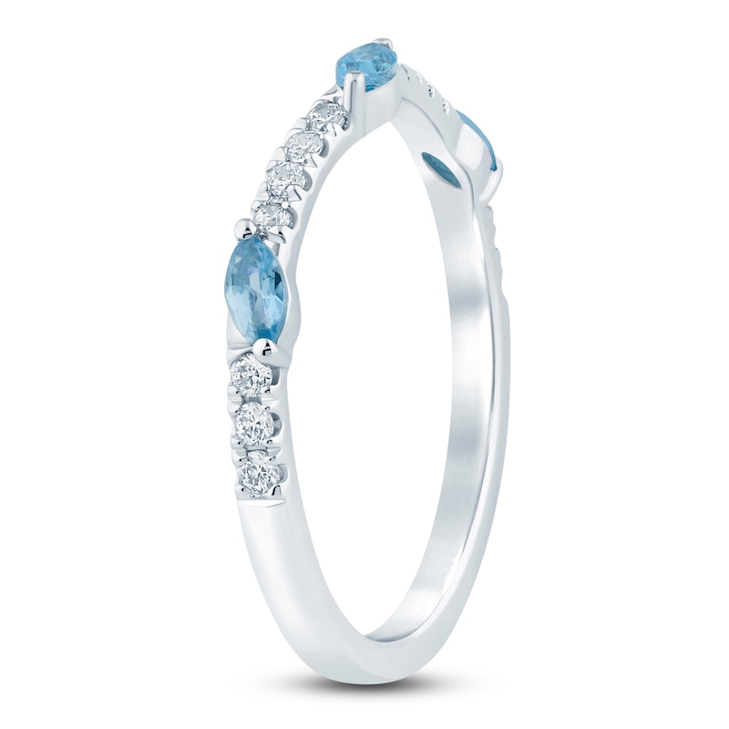 Main Image 2 of Natural Aquamarine Marquise-Cut & Round Diamond Contour Anniversary Ring 1/6 ct tw 14K White Gold