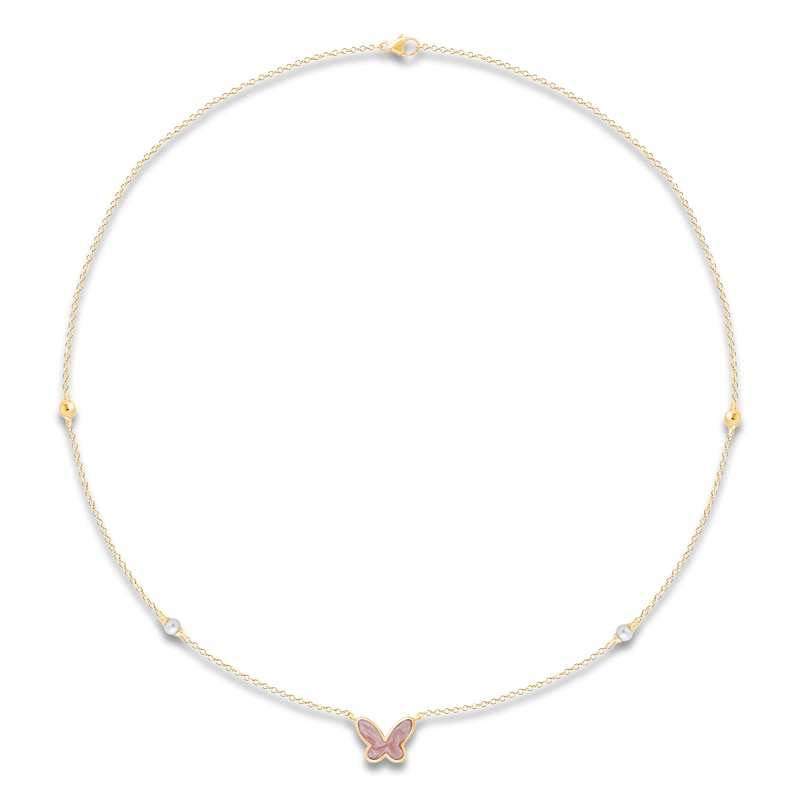 Main Image 1 of Children's Cultured Pearl & Enamel Butterfly Necklace 14K Yellow Gold 13"