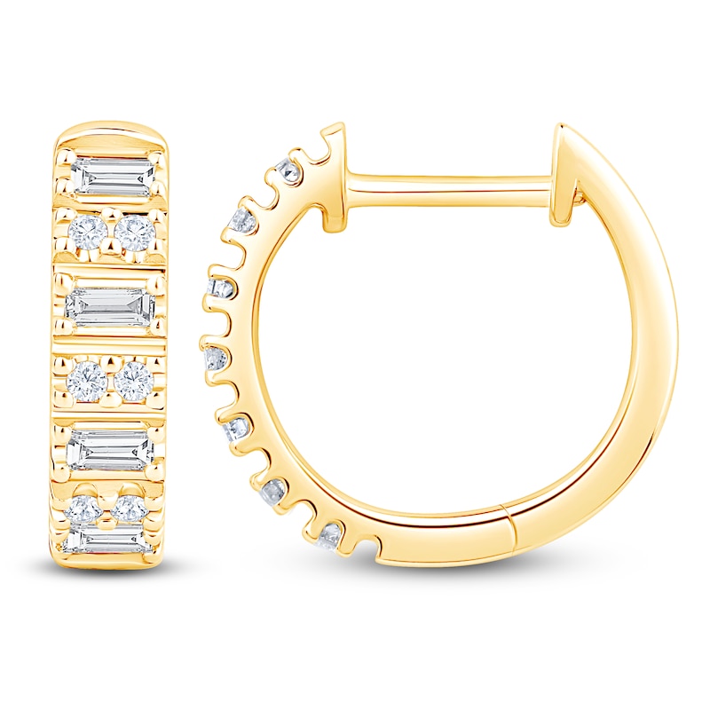 Main Image 1 of Baguette & Round-Cut Diamond Hoop Earrings 1/4 ct tw 10K Yellow Gold