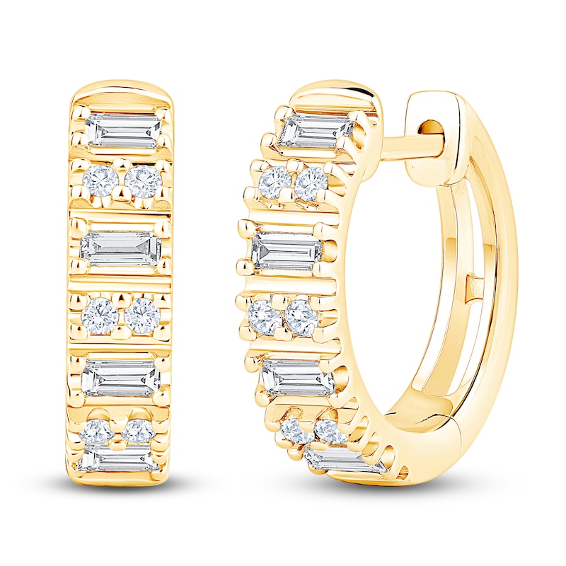 Main Image 2 of Baguette & Round-Cut Diamond Hoop Earrings 1/4 ct tw 10K Yellow Gold