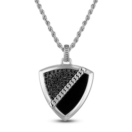 1933 by Esquire Men's Natural Black Agate & Black Spinel Shield Necklace Sterling Silver 22"