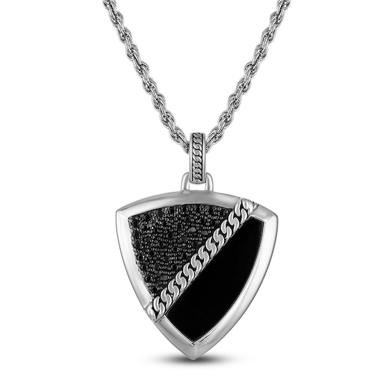 1933 by Esquire Men's Natural Black Agate & Black Spinel Shield Necklace Sterling Silver 22"