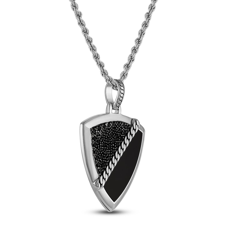 Main Image 2 of 1933 by Esquire Men's Natural Black Agate & Black Spinel Shield Necklace Sterling Silver 22"