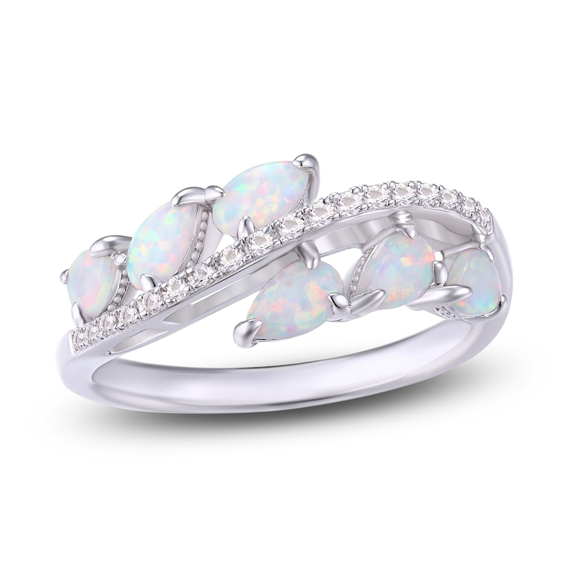 Main Image 1 of Pear-Shaped Lab-Created Opal & White Lab-Created Sapphire Curve Ring Sterling Silver