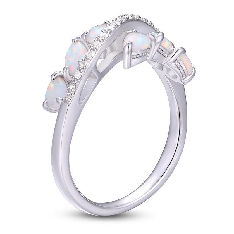 Main Image 2 of Pear-Shaped Lab-Created Opal & White Lab-Created Sapphire Curve Ring Sterling Silver