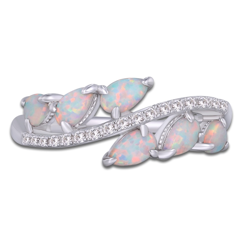 Main Image 3 of Pear-Shaped Lab-Created Opal & White Lab-Created Sapphire Curve Ring Sterling Silver
