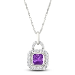 Square-Cut Natural Amethyst & White Lab-Created Sapphire Lock Necklace Sterling Silver 18"