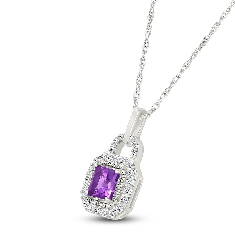 Main Image 2 of Square-Cut Natural Amethyst & White Lab-Created Sapphire Lock Necklace Sterling Silver 18"