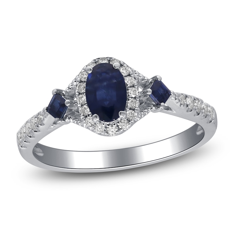 Main Image 1 of Oval-Cut & Square-Cut Natural Blue Sapphire & Diamond Three-Stone Ring 1/5 ct tw 14K White Gold