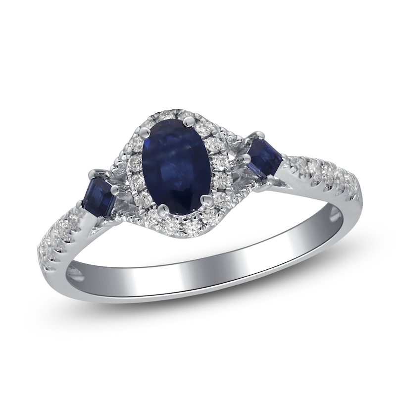 Main Image 2 of Oval-Cut & Square-Cut Natural Blue Sapphire & Diamond Three-Stone Ring 1/5 ct tw 14K White Gold