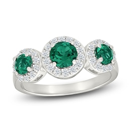 Lab-Created Emerald & White Lab-Created Sapphire Three-Stone Ring Sterling Silver