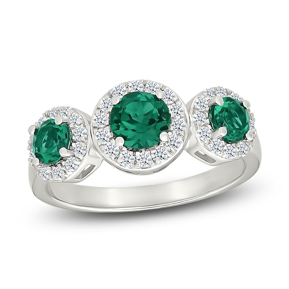 Lab-Created Emerald & White Lab-Created Sapphire Three-Stone Ring Sterling Silver