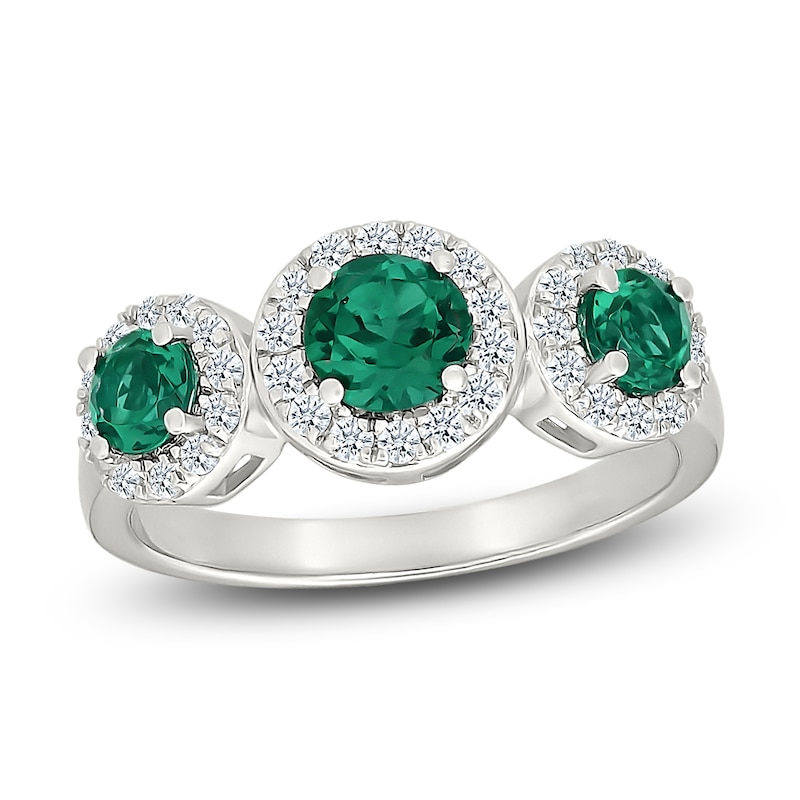 Main Image 1 of Lab-Created Emerald & White Lab-Created Sapphire Three-Stone Ring Sterling Silver