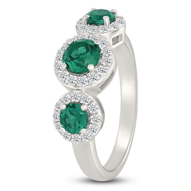 Main Image 2 of Lab-Created Emerald & White Lab-Created Sapphire Three-Stone Ring Sterling Silver