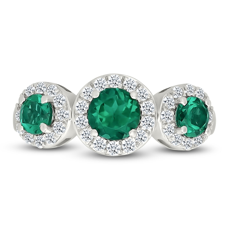 Main Image 3 of Lab-Created Emerald & White Lab-Created Sapphire Three-Stone Ring Sterling Silver
