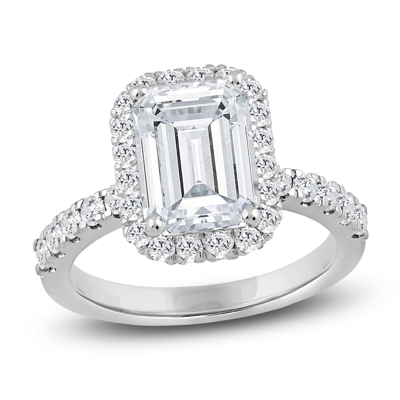 Main Image 1 of Emerald-Cut Lab-Grown Diamond Halo Engagement Ring 4 ct tw 18K White Gold