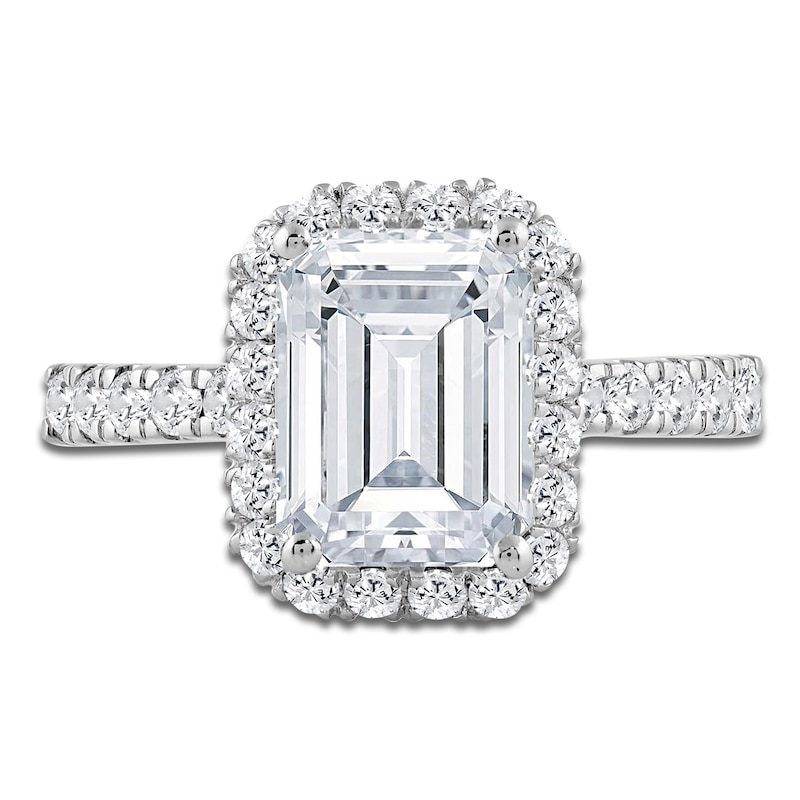 Main Image 3 of Emerald-Cut Lab-Grown Diamond Halo Engagement Ring 4 ct tw 18K White Gold