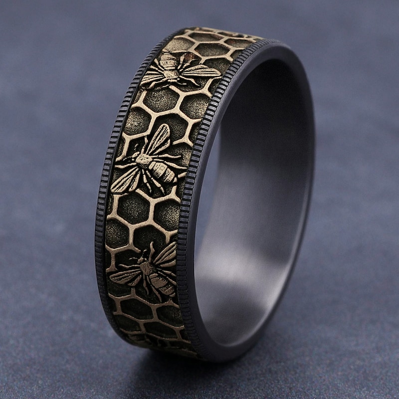 Main Image 4 of Men's Bee Comfort-Fit Wedding Band Tantalum & 14K Yellow Gold 7.5mm
