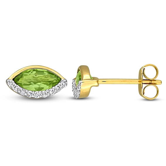 Marquise-Cut Natural Peridot & Diamond Stud Earrings 1/10 ct tw 14K Yellow Gold