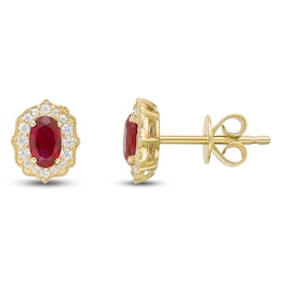 Oval-Cut Natural Ruby & Diamond Arabesque Halo Stud Earrings 1/8 ct tw 10K Yellow Gold