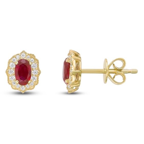Oval-Cut Natural Ruby & Diamond Arabesque Halo Stud Earrings 1/8 ct tw 10K Yellow Gold