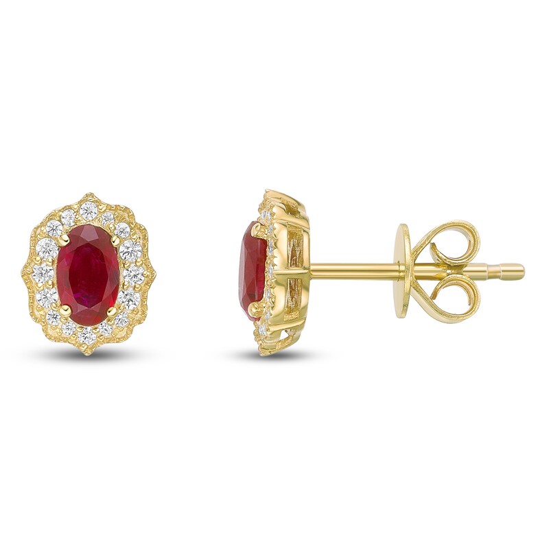 Main Image 1 of Oval-Cut Natural Ruby & Diamond Arabesque Halo Stud Earrings 1/8 ct tw 10K Yellow Gold