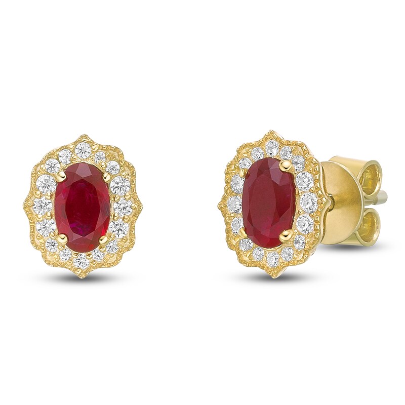 Main Image 2 of Oval-Cut Natural Ruby & Diamond Arabesque Halo Stud Earrings 1/8 ct tw 10K Yellow Gold