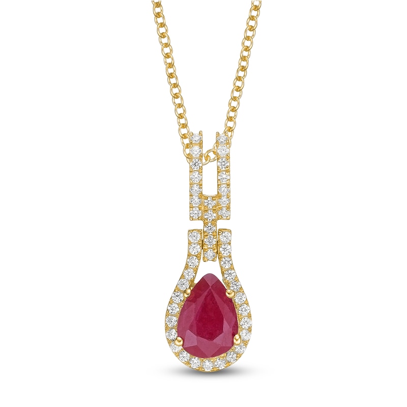 Main Image 1 of Pear-Shaped Natural Ruby & Diamond Drop Necklace 1/6 ct tw 10K Yellow Gold 18"