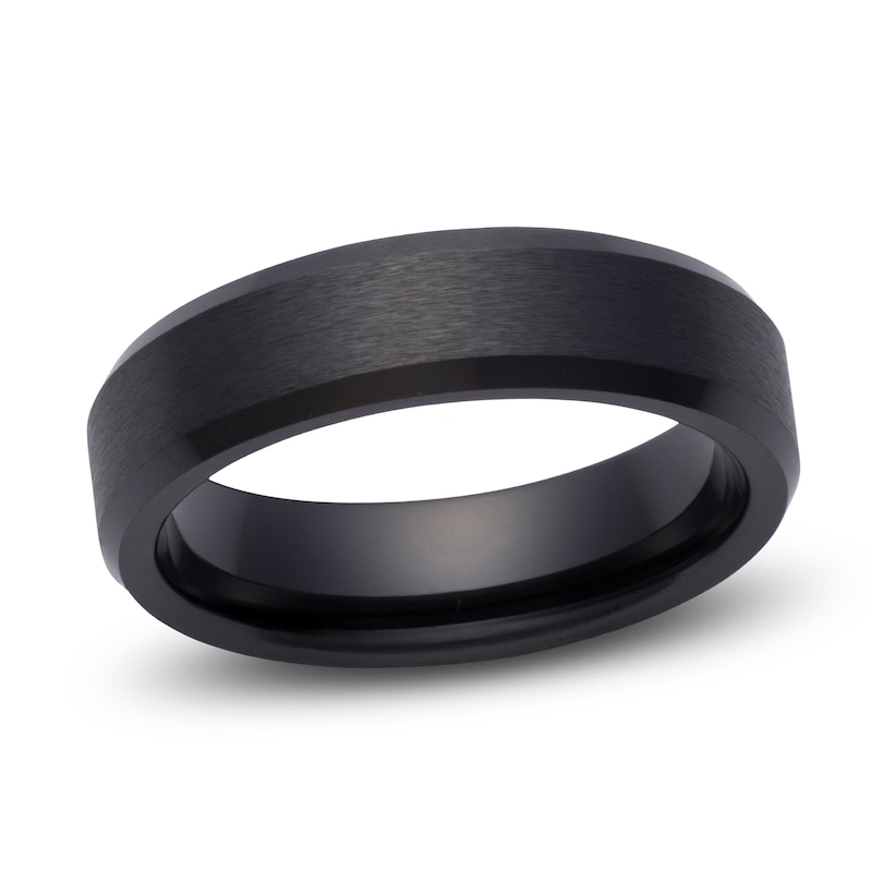 Main Image 1 of Men's Beveled-Edge Matte Wedding Band Black Ceramic 6mm